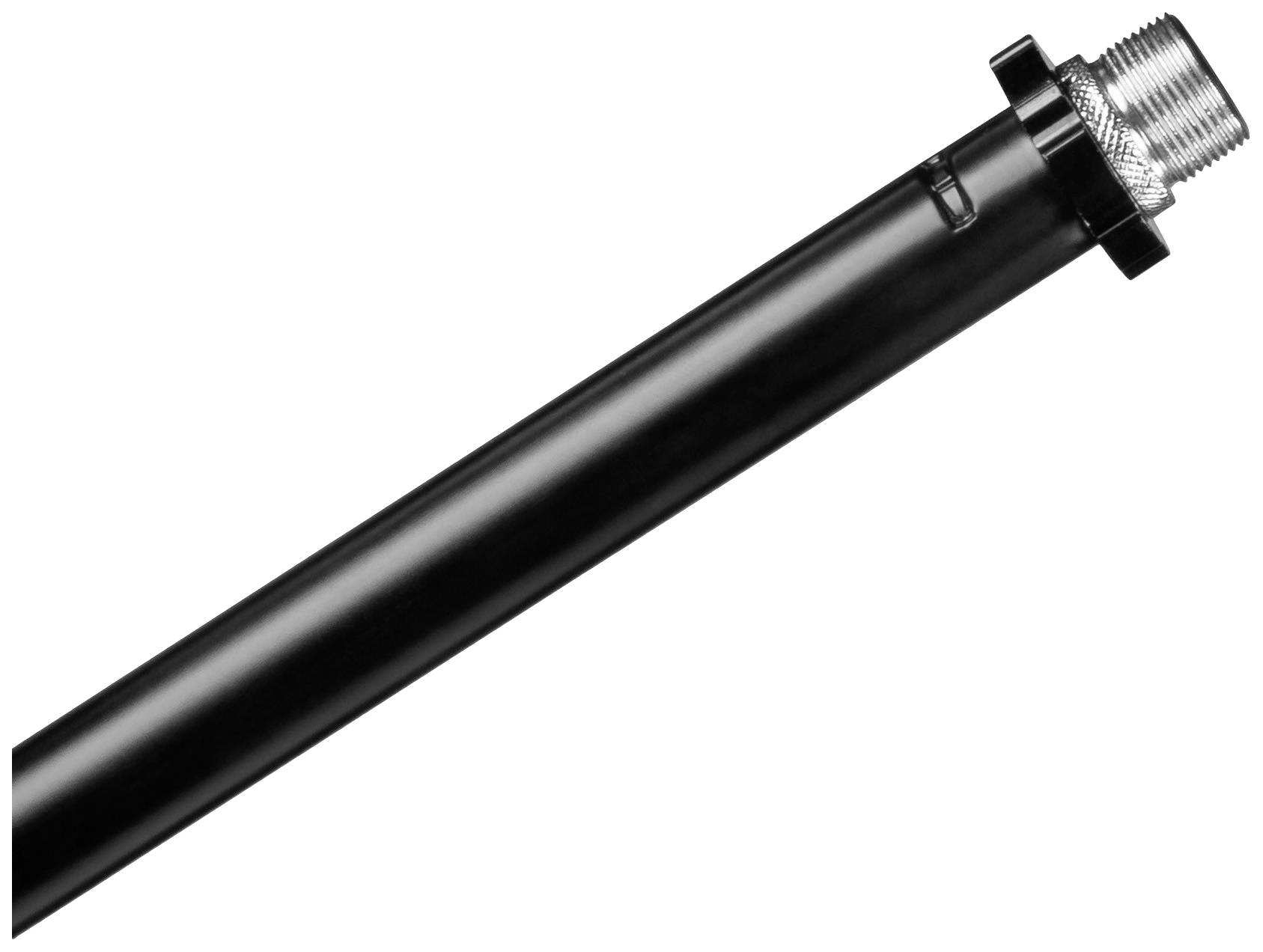 Black, cylindrical pipe with a ribbed connection at one end, presumably a metal component.