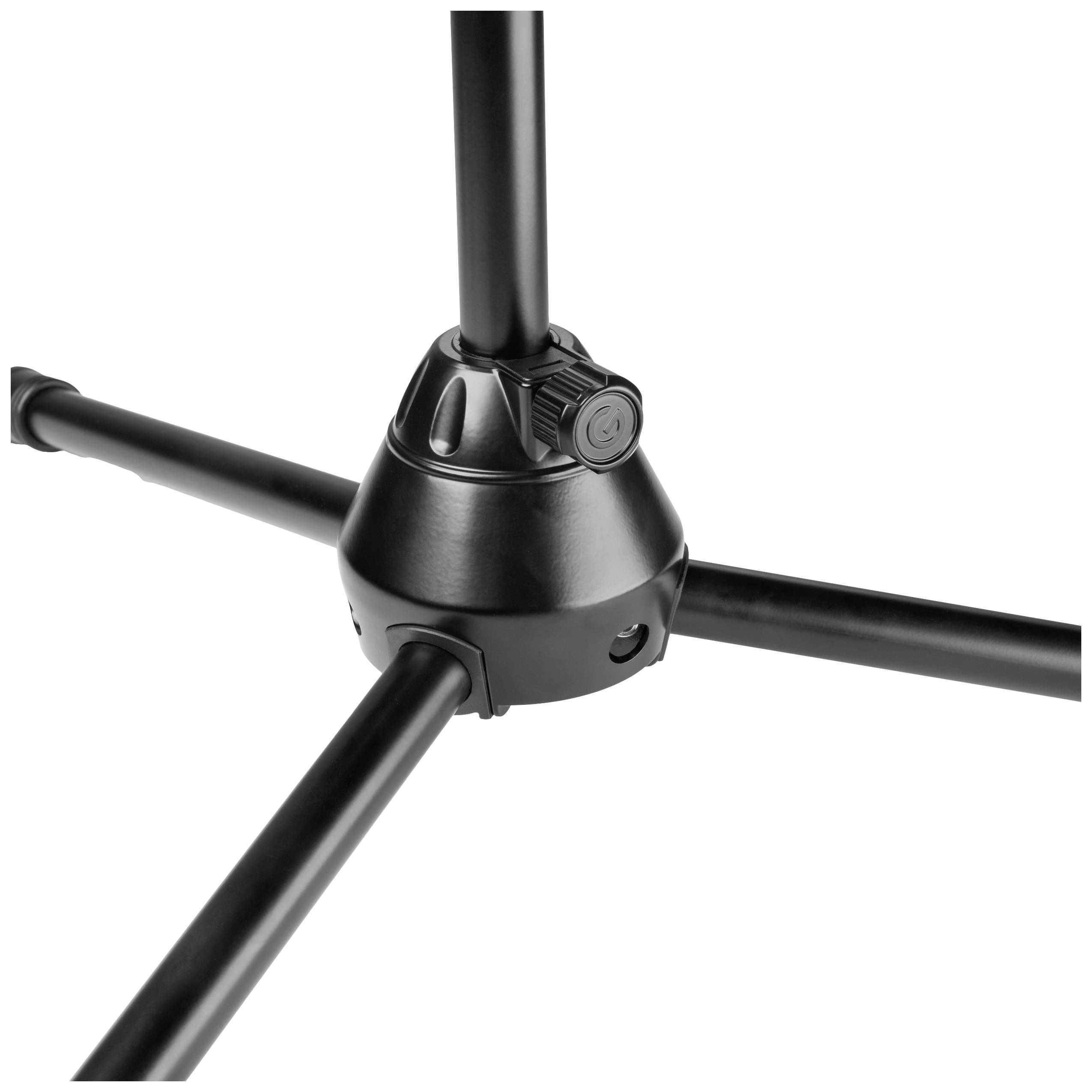 A black tripod with a robust central column and adjustable leg locks for stable support on various surfaces.