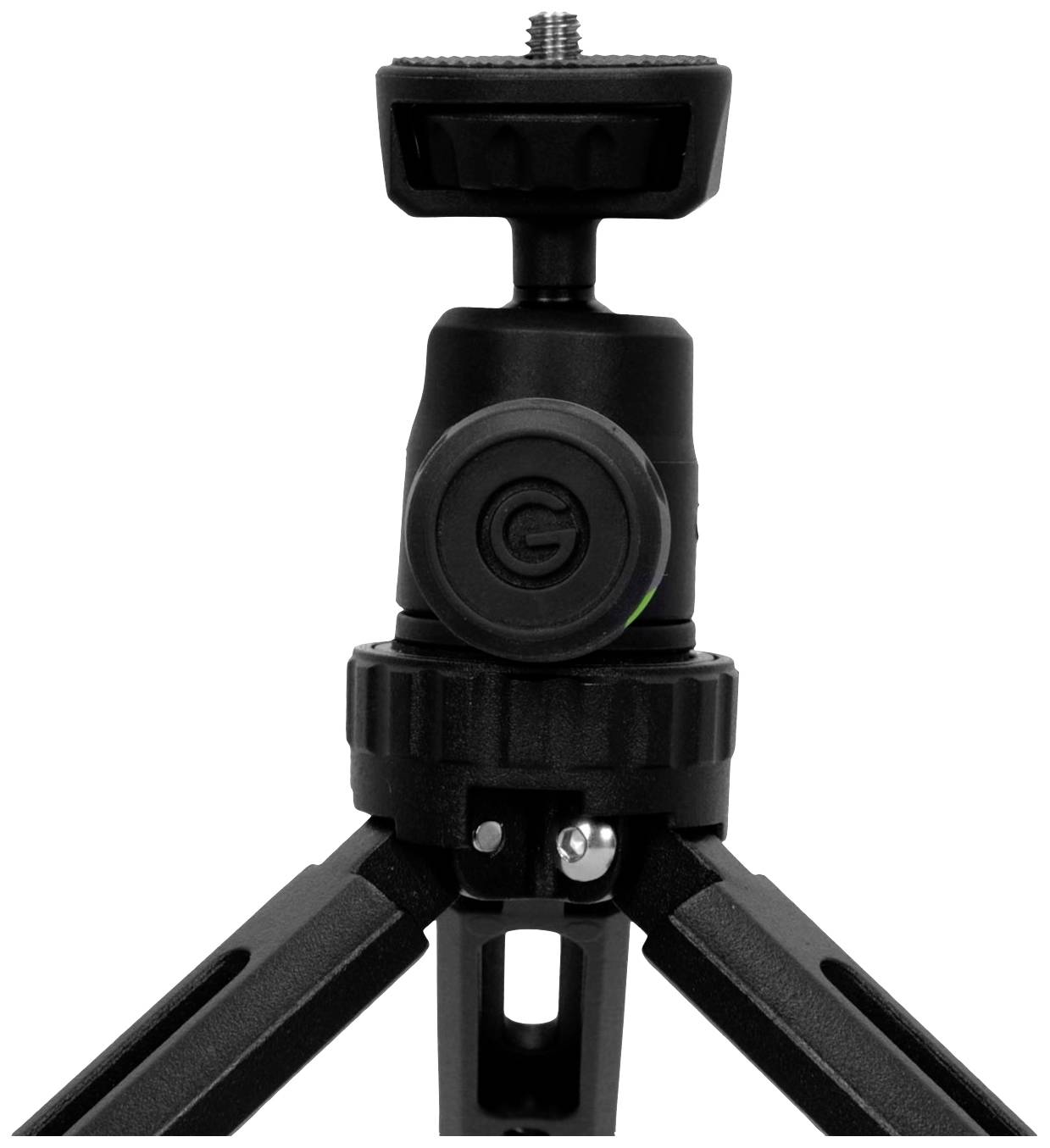 Black tripod with a stable base and adjustable head, suitable for cameras or other devices, shown in a close-up view.