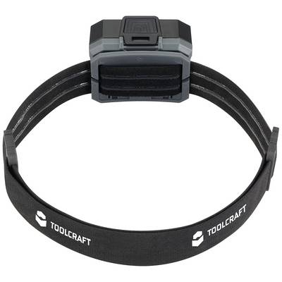 Head torch by TOOLCRAFT with adjustable elastic headband, black design, central on/off switch, compact construction.