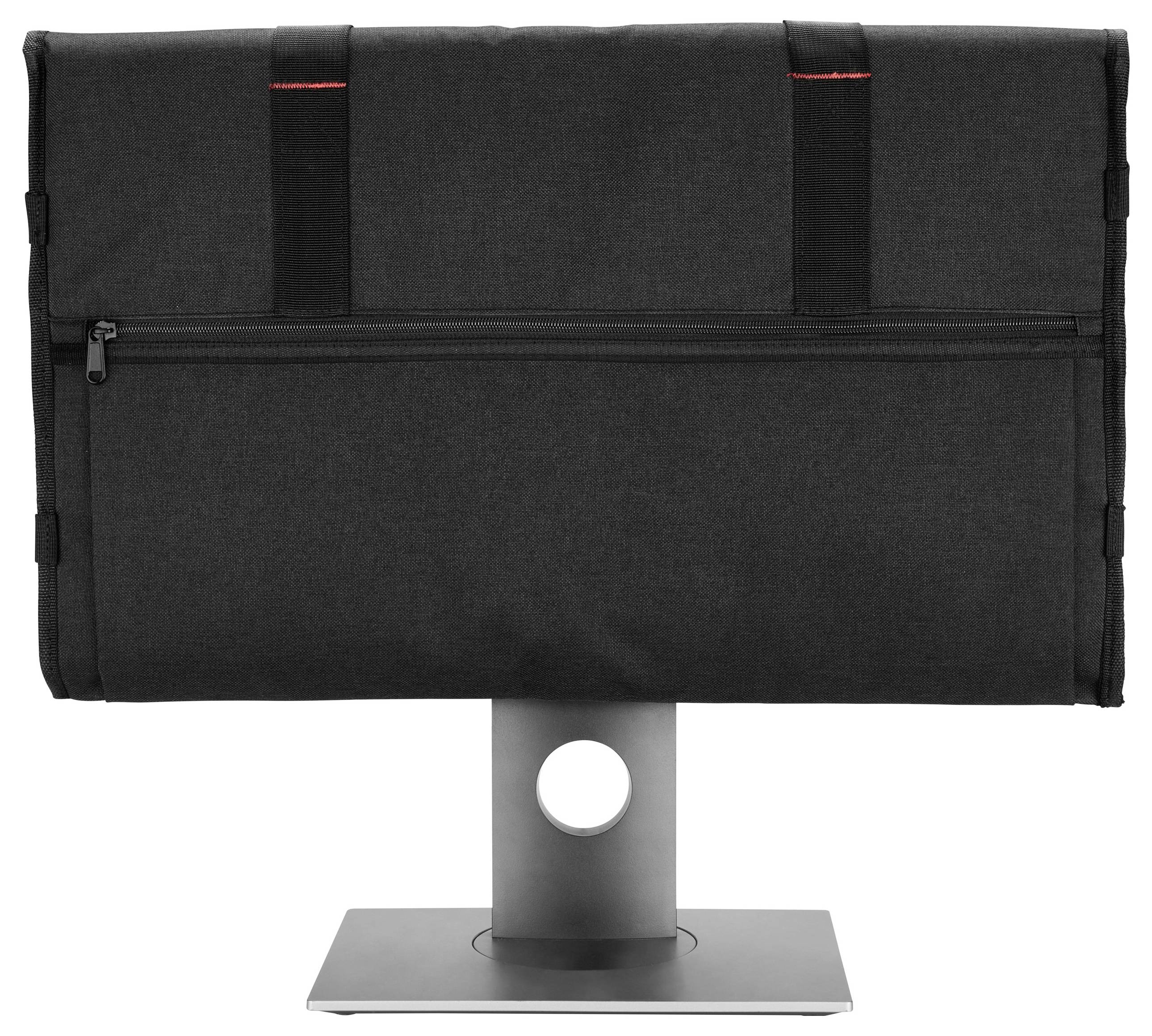 Black protective cover over a computer monitor, front panel and stand concealed. Red accents on top, with a zippered side pocket.