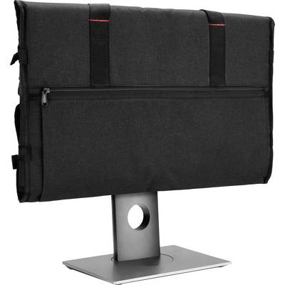 Black monitor cover with zip pocket, mounted on a silver monitor stand. Ideal for protection or transportation.
