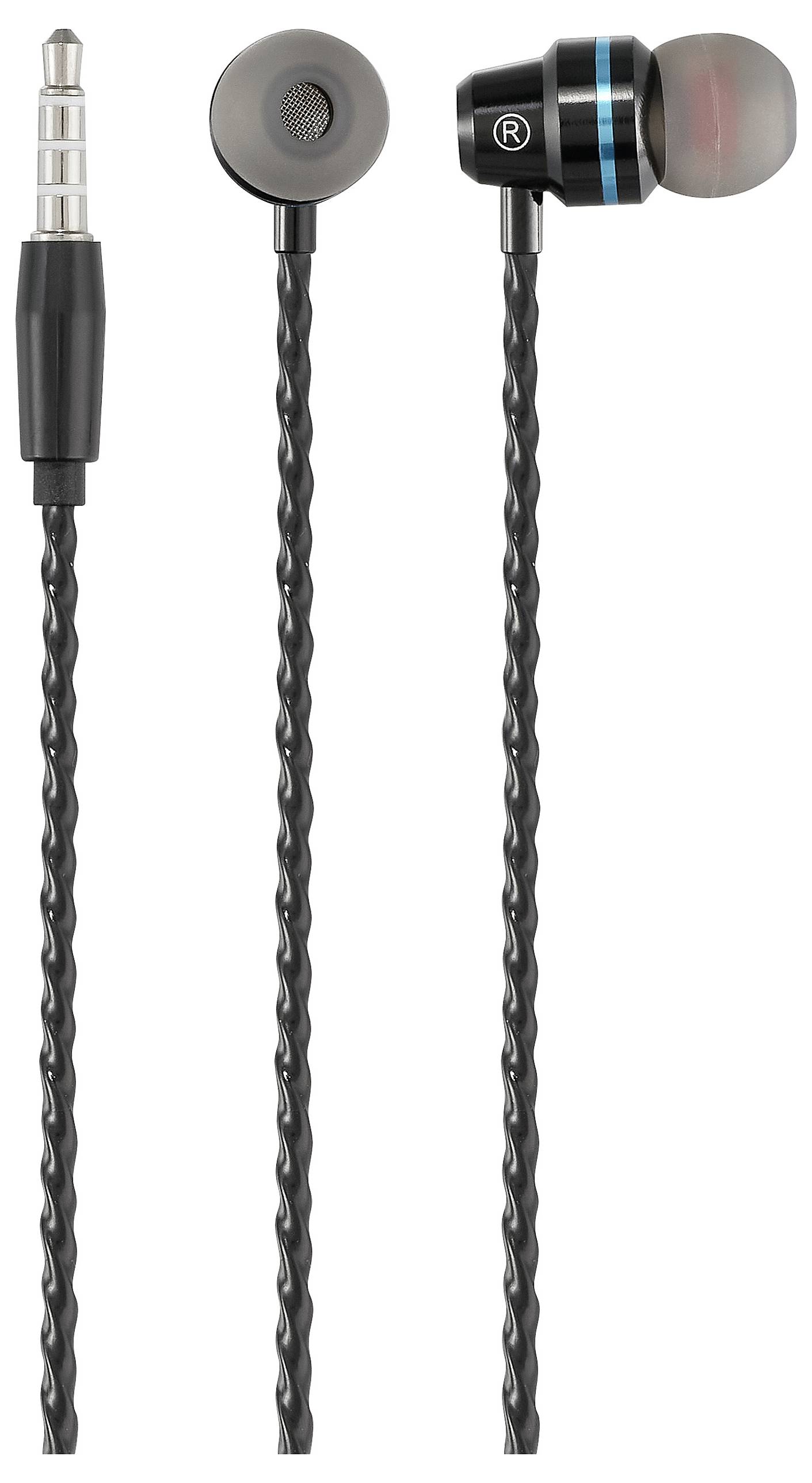 Black in-ear headphones with a wired 3.5mm jack plug and a distinctive blue ring on one of the earbuds.