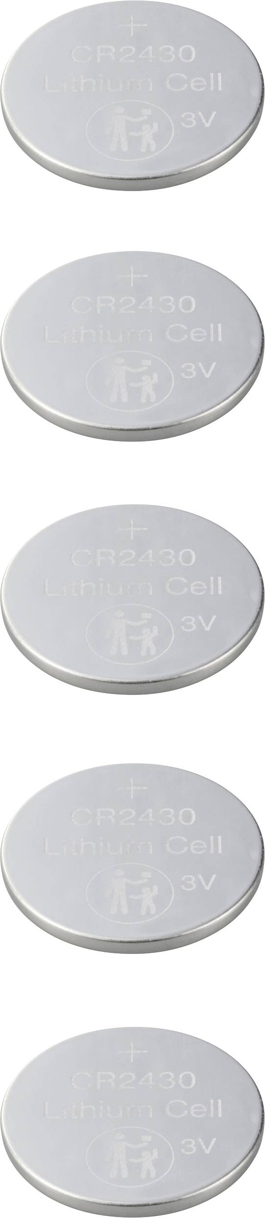 Five silver button cell batteries stacked on top of each other. Each is labelled 'CR2032 3V'.
