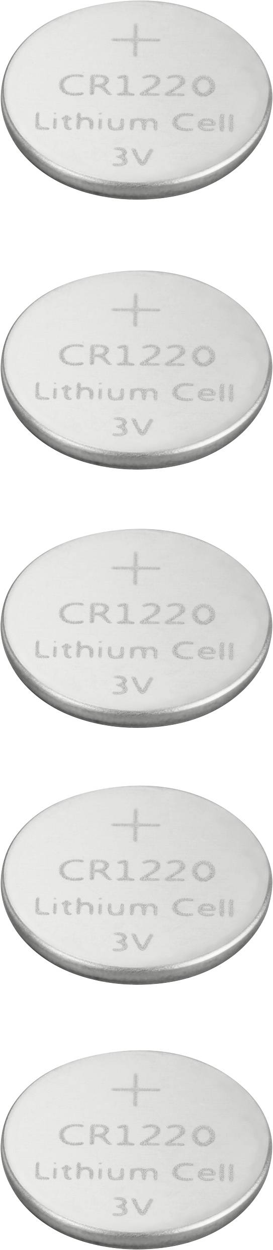 Five button cell batteries stacked on top of each other are shown, with the inscription 'CR1220 Lithium Cell 3V'.
