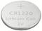'CR1220 Lithium Cell 3V' button cell, silver battery with plus sign on top. Ideal for small devices and electronics.
