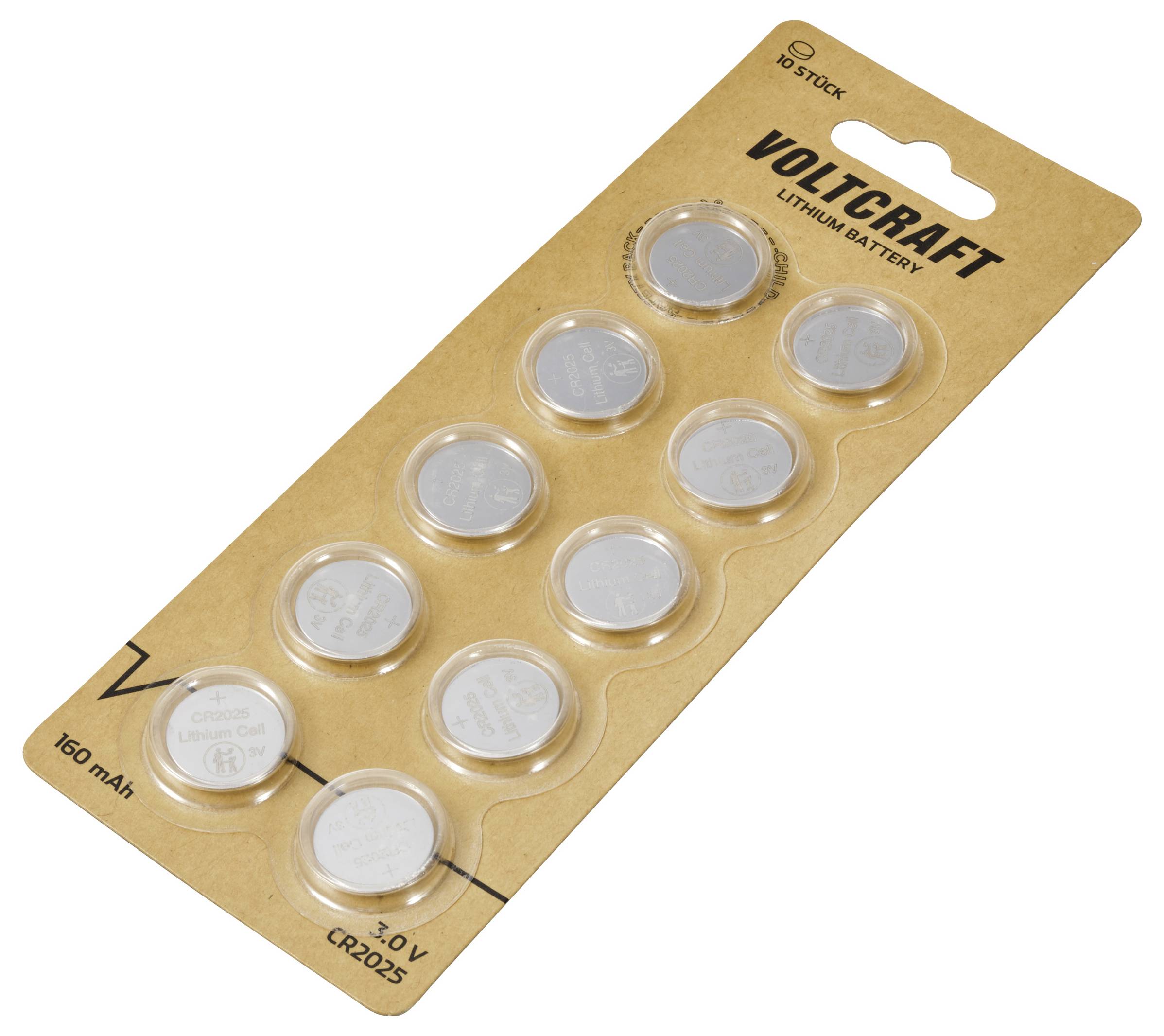 A pack of ten silver-coloured button cell batteries by Voltcraft, labelled 'Lithium Battery CR2025 3V 160 mAh'.