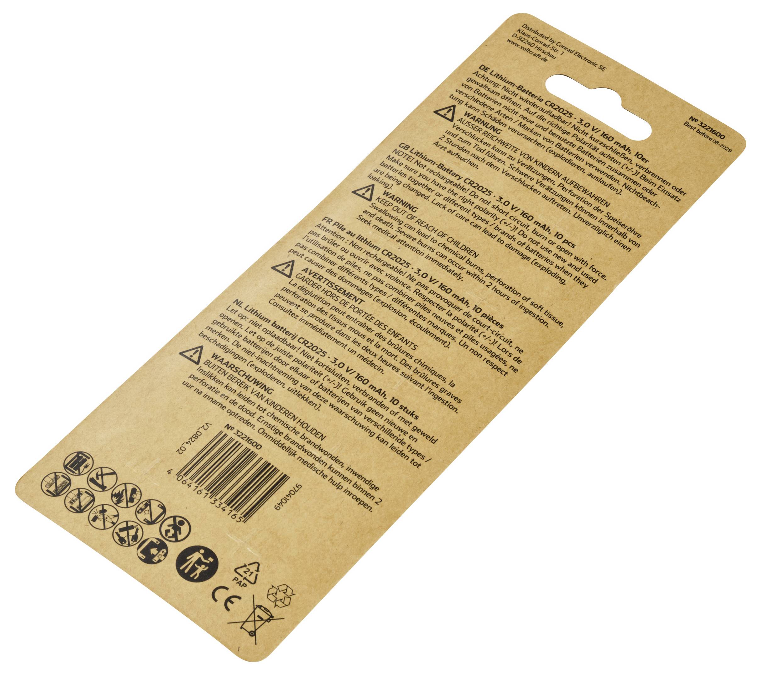 Back of packaging with warning notices and disposal symbols. Contains text with safety information and barcodes.