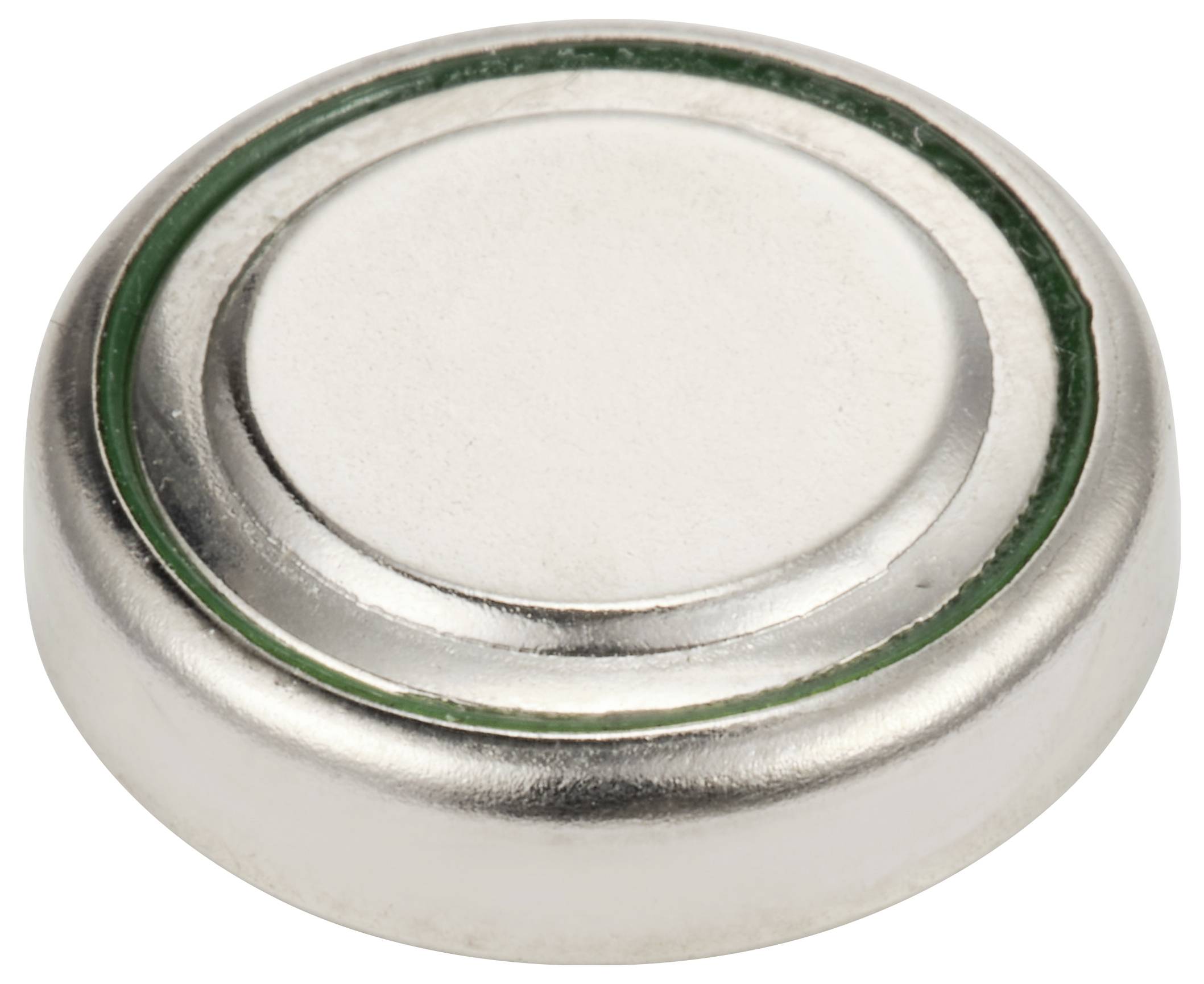 Round, silver button cell, similar to a flat battery.