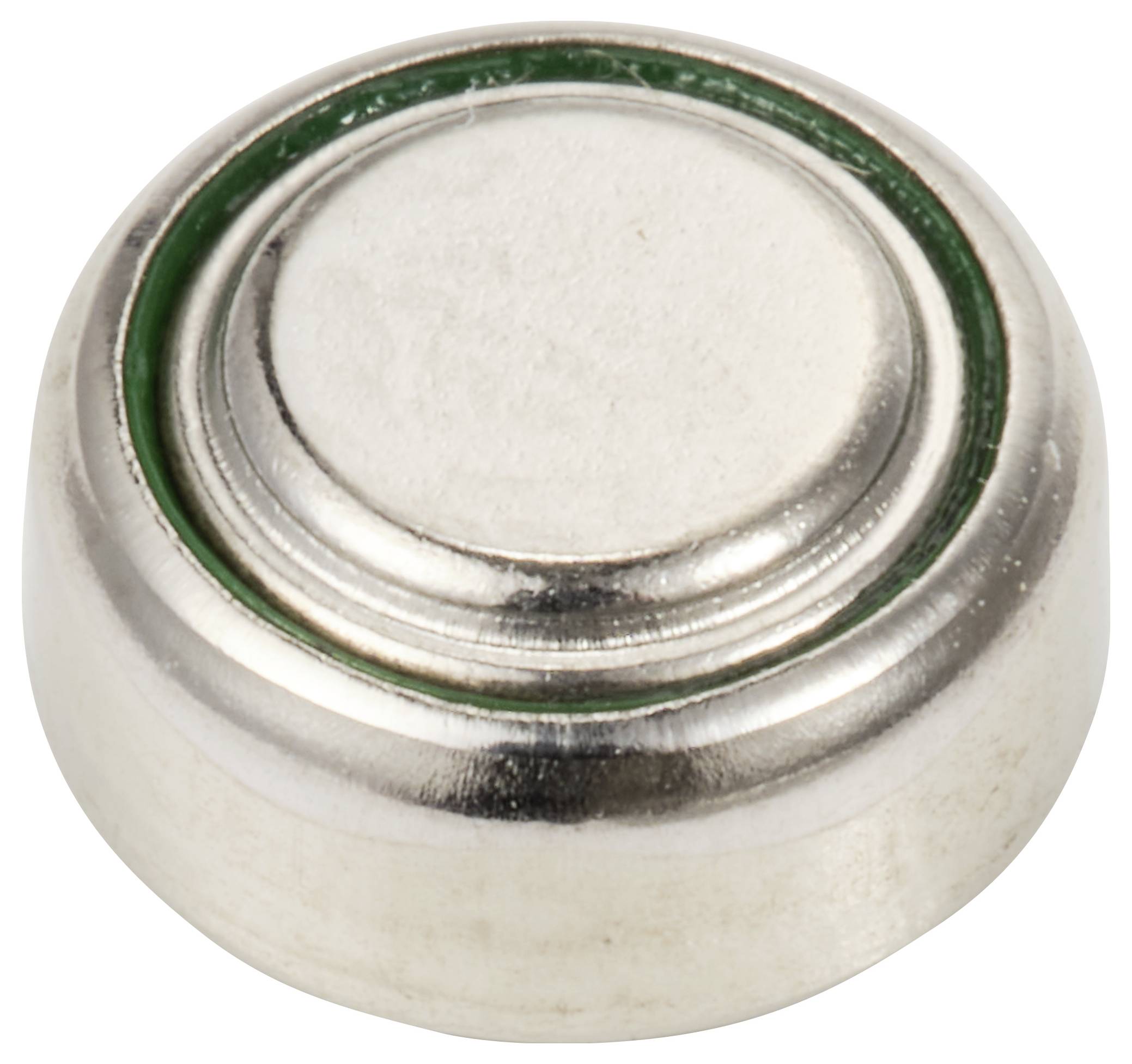 Silver-coloured button cell battery with a green border, typical for low-energy devices.