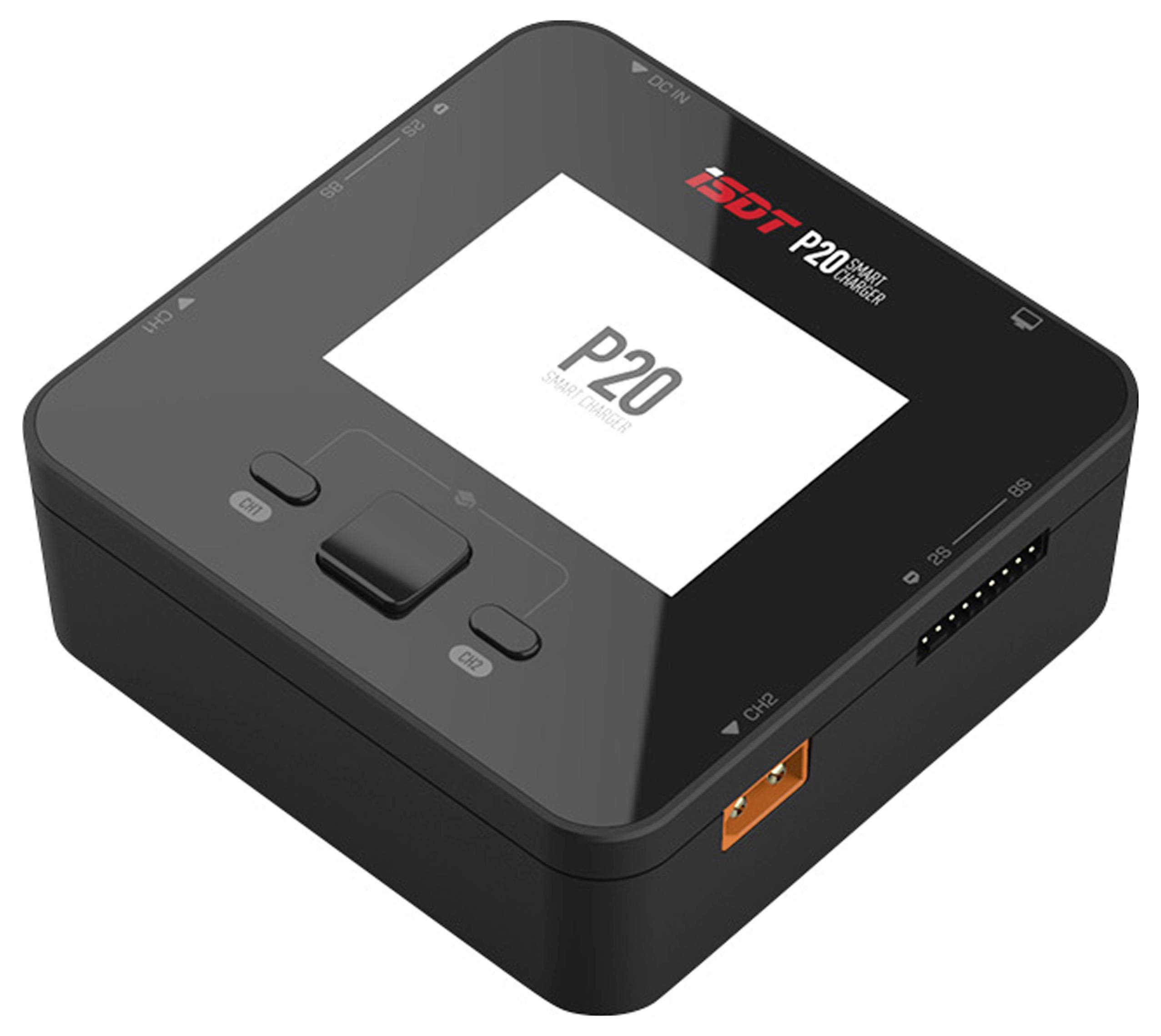 A black, square charger with a large display, showing 'P20'. It has multiple ports and control buttons.