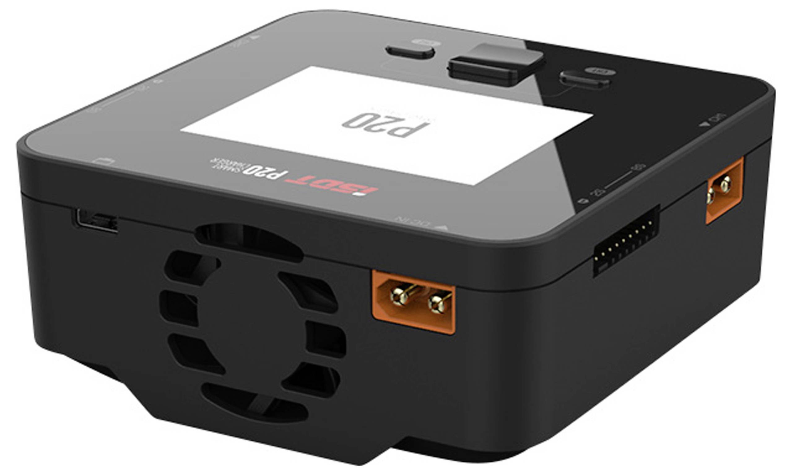 A small black electronic charging plug with ventilation slots and side connectors, bearing the inscription 'P20'.