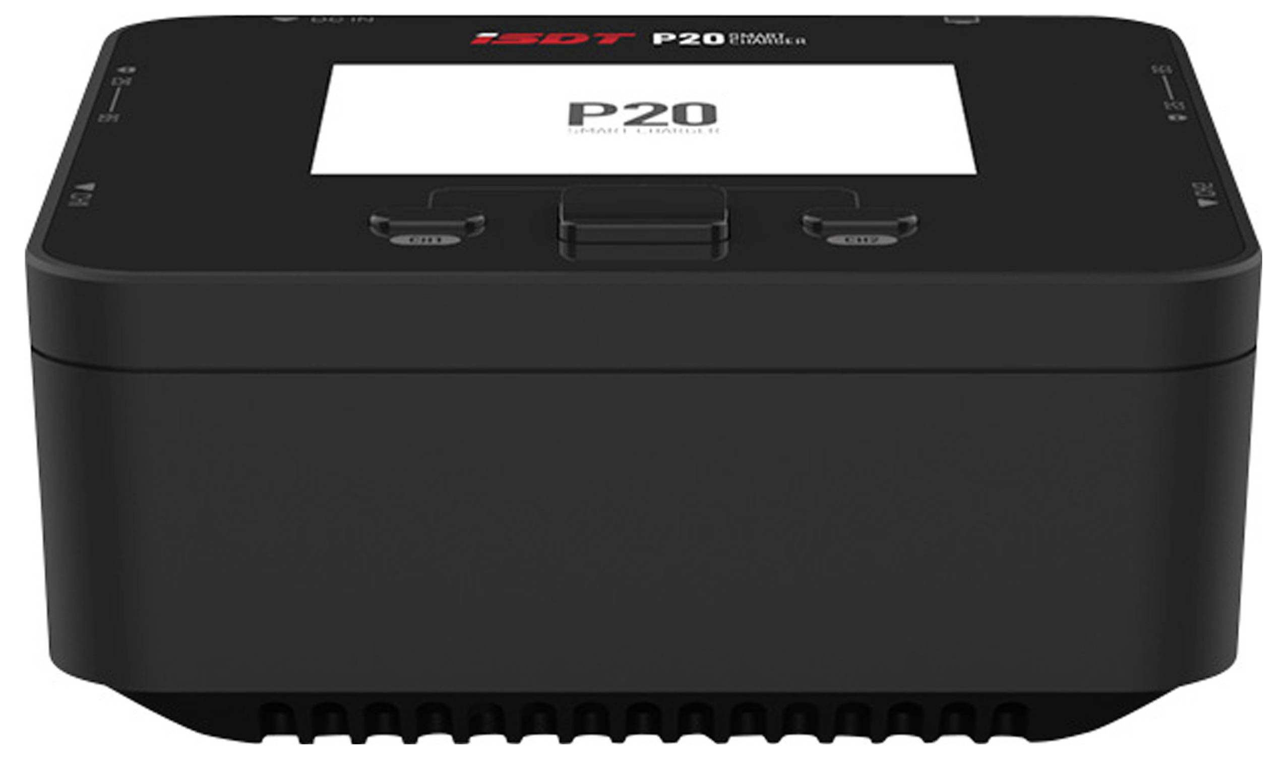 Black battery charger with 'P20' printed on it, two buttons on the top surface, compact and rectangular in shape.