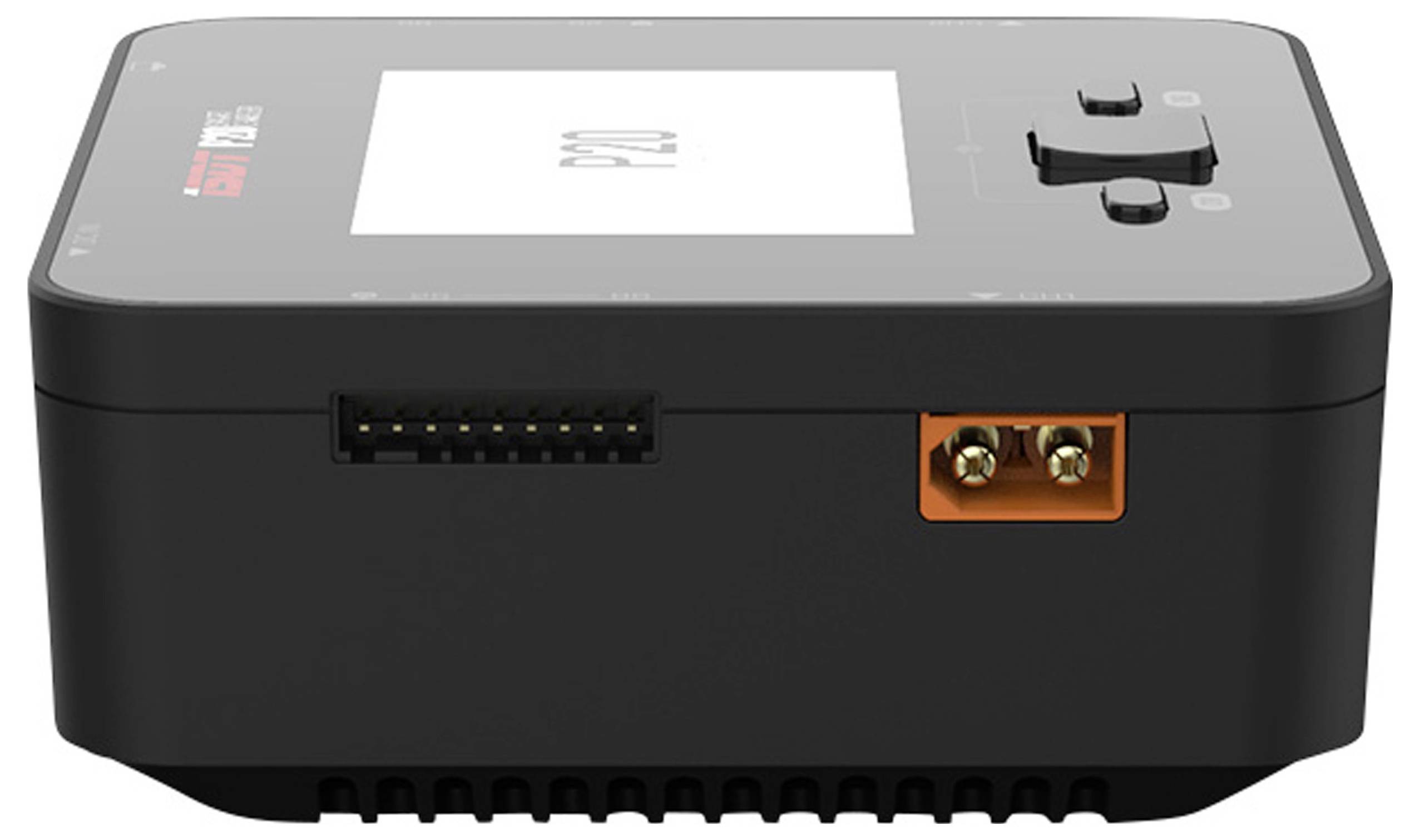 A black battery charger with display, showing the inscription 'P20'. On the left, a connection with multiple pins, on the right two golden connectors.