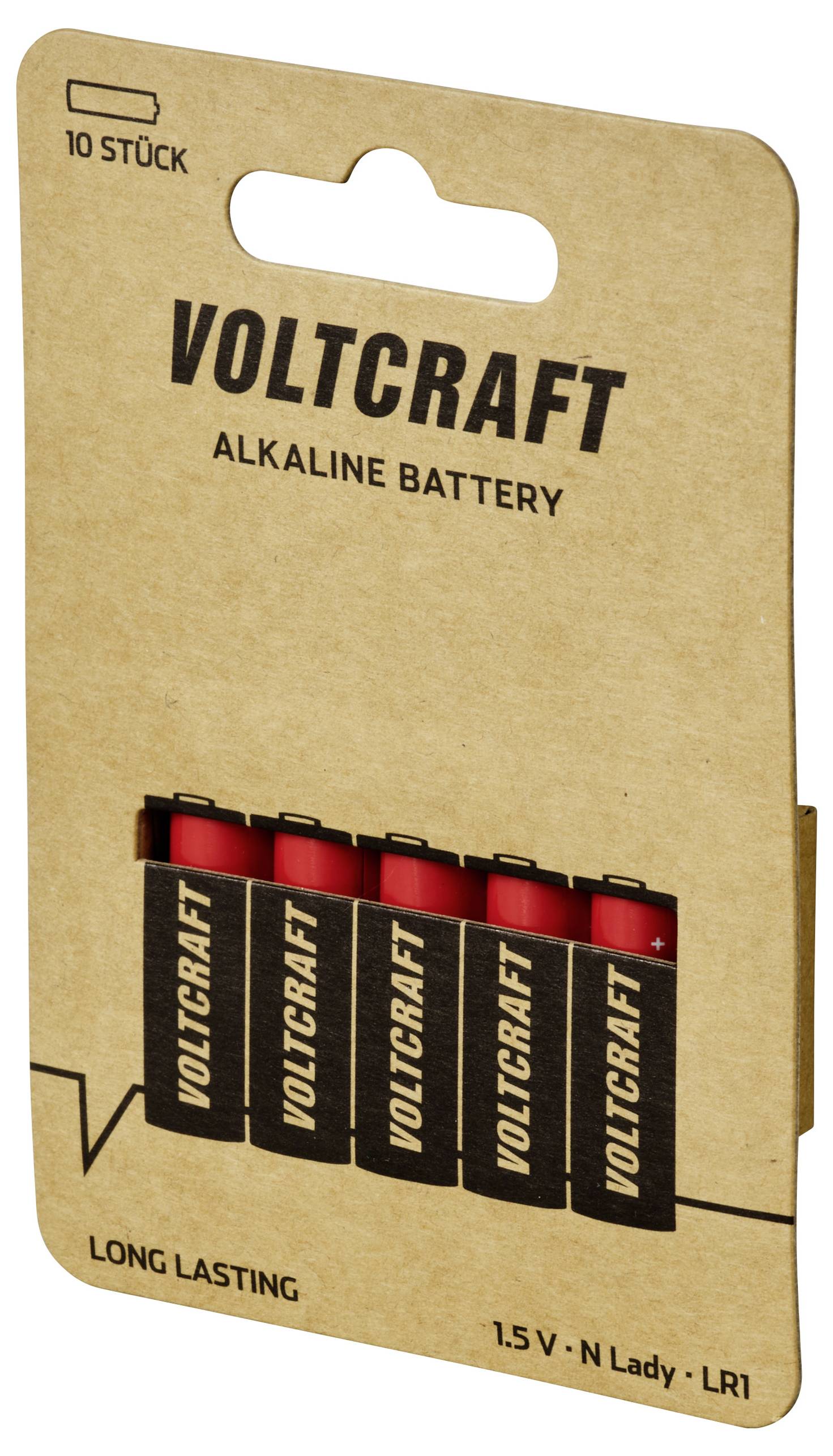 Pack of ten Voltcraft alkaline batteries, Type N LR1, 1.5V, long-lasting. Packaging in cardboard design.