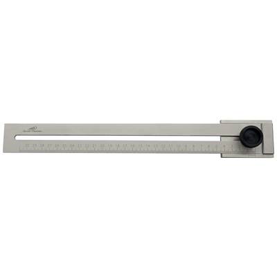 Metallic protractor with a linear scale measuring from 0 to 50, featuring an adjustable black rotary knob.