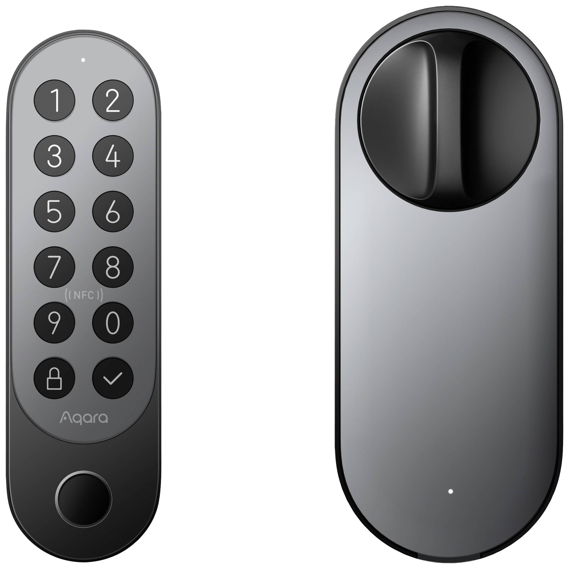 Electronic door lock with keypad on the left and turn knob on the right. Brand name at the bottom of the keypad. Elongated shape.