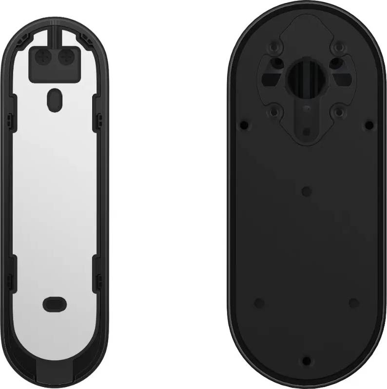 Two vertical, elongated, black devices, front and rear view. Left shows sensors and lenses, right shows the mounting side.
