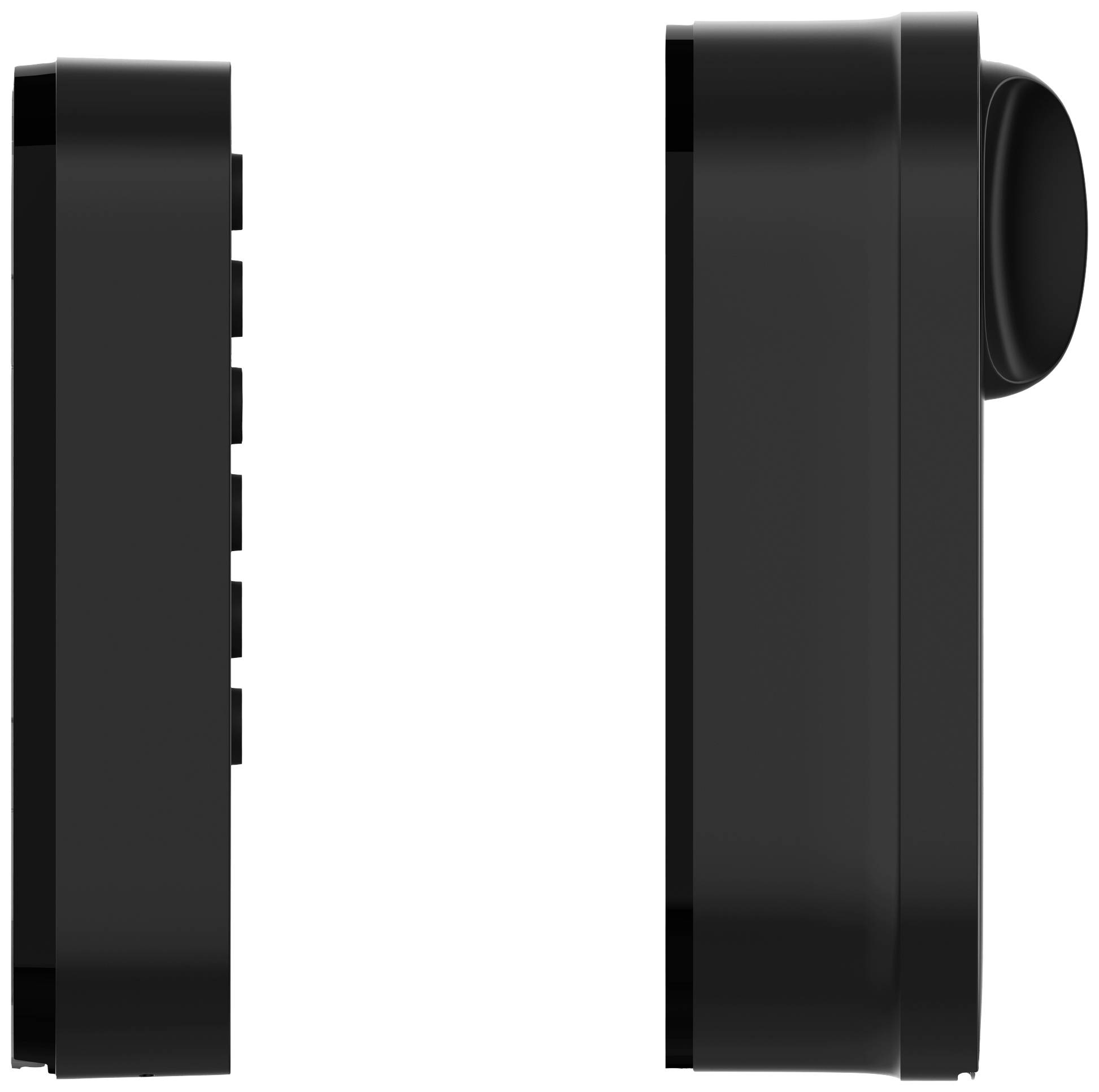 'Two black electronic devices, side view, left with buttons, right with rounded edge, possibly for control.'