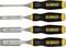Four DeWalt chisel motif chisels with blades of varying widths (12mm, 19mm, 25mm, 38mm). Black handles with yellow logo.
