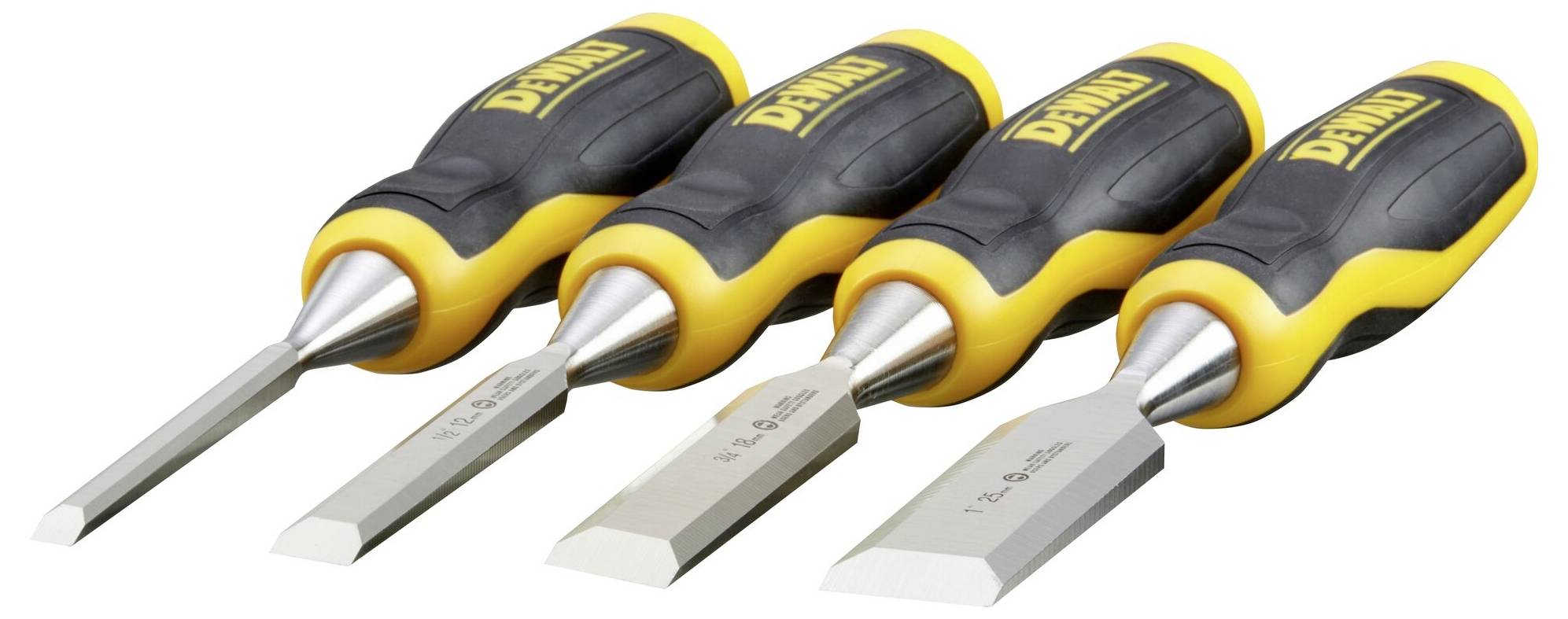 Four chisels with yellow and black handles and blades of varying widths.
