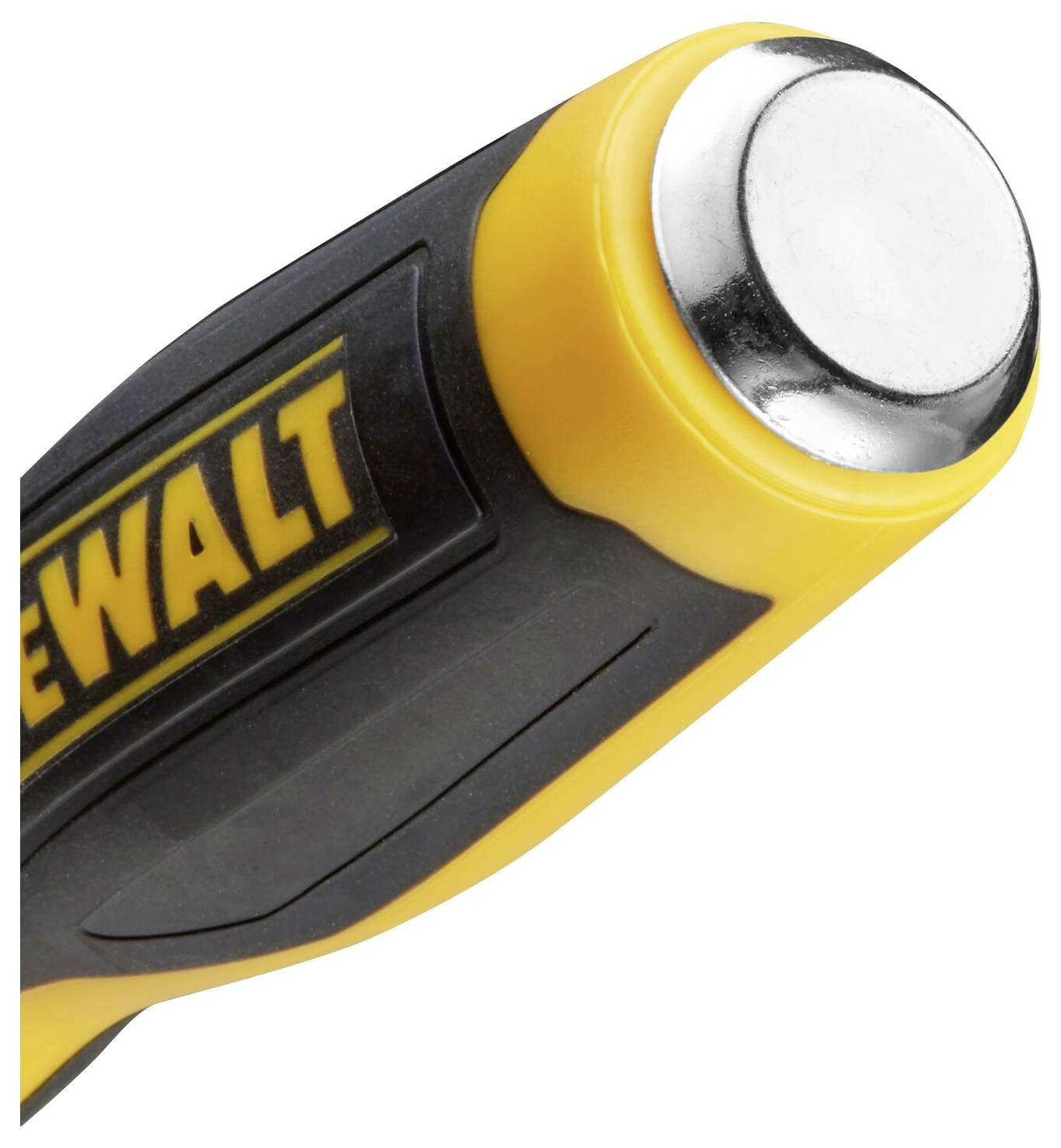 A yellow and black hammer with a metal striking surface. The manufacturer's name is printed on the side.