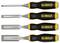 Four chisels with black and yellow handles, different widths (12 mm, 18 mm, 25 mm, 32 mm), brand name 'DeWalt' on the handles.