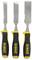 'Three DeWalt chisels with black and yellow handles, arranged in varying widths.'