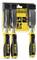 Three DeWalt chisels in packaging, with ergonomic handles, suitable for woodworking, displayed on a yellow background.