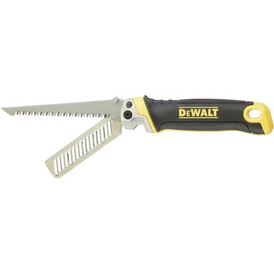 Folding saw with a black handle and yellow details, DeWALT brand, two saw blades: one extended and one folded.