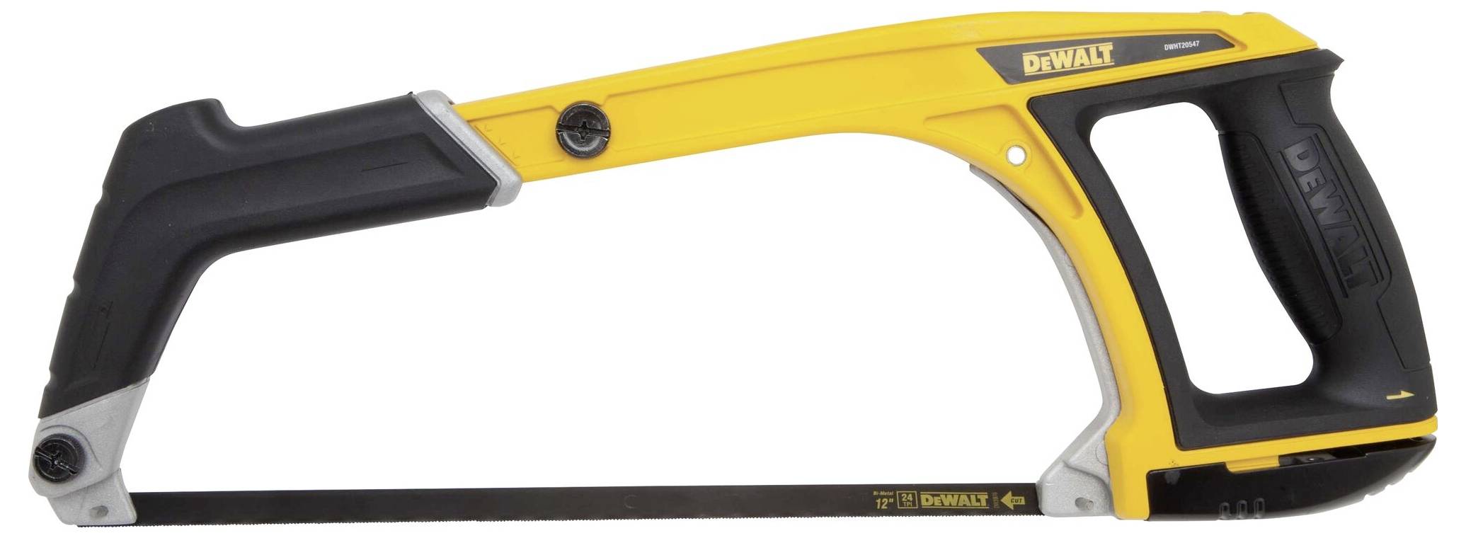 Hacksaw with yellow and black handle, suitable for precise cuts in metal or plastic. Brand name visible on handle.<br><br>Translation:<br>Hacksaw with yellow and black handle, ideal for precise cutting in metal or plastic. Brand name visible on handle.