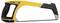 A yellow and black hacksaw with an ergonomic handle and interchangeable blade, suitable for metalworking and woodworking.