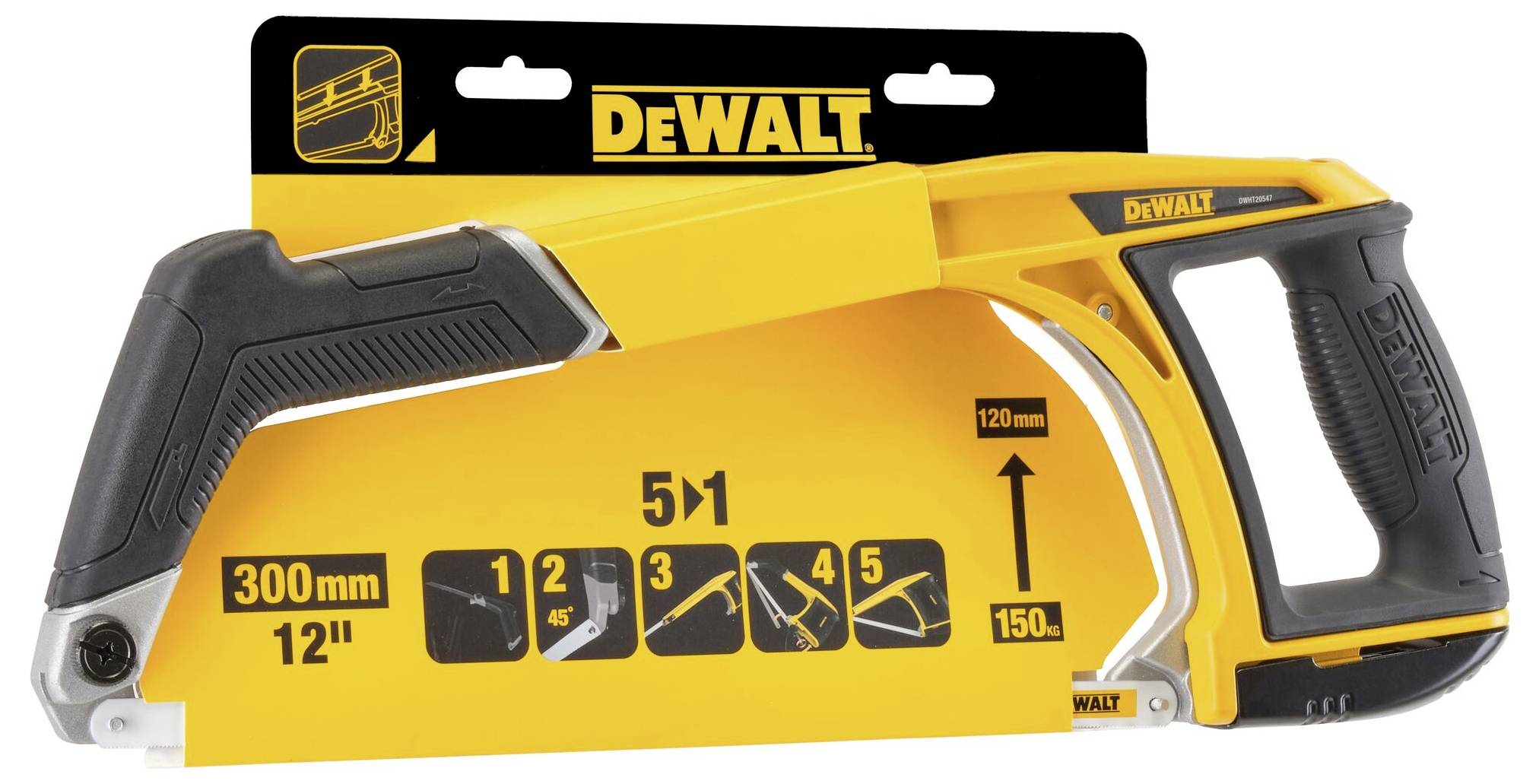 A yellow DeWALT hacksaw with an ergonomic handle, 12 inches, 300 mm. Packaging displays saw options and logo.
