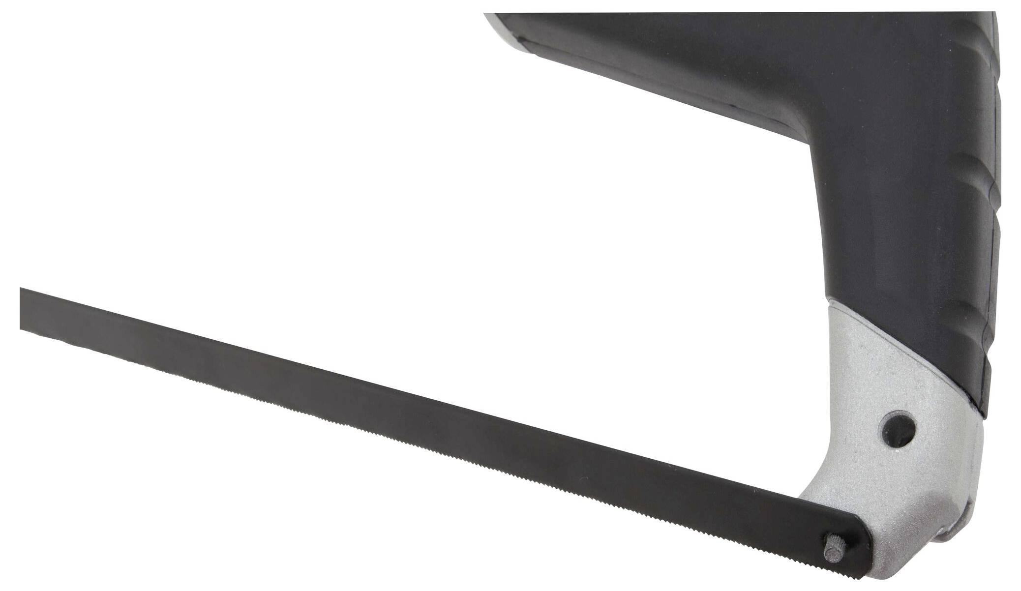 Hacksaw with a black handle, partially visible. Cutting blade horizontally positioned. Tool for working with metal or wood.