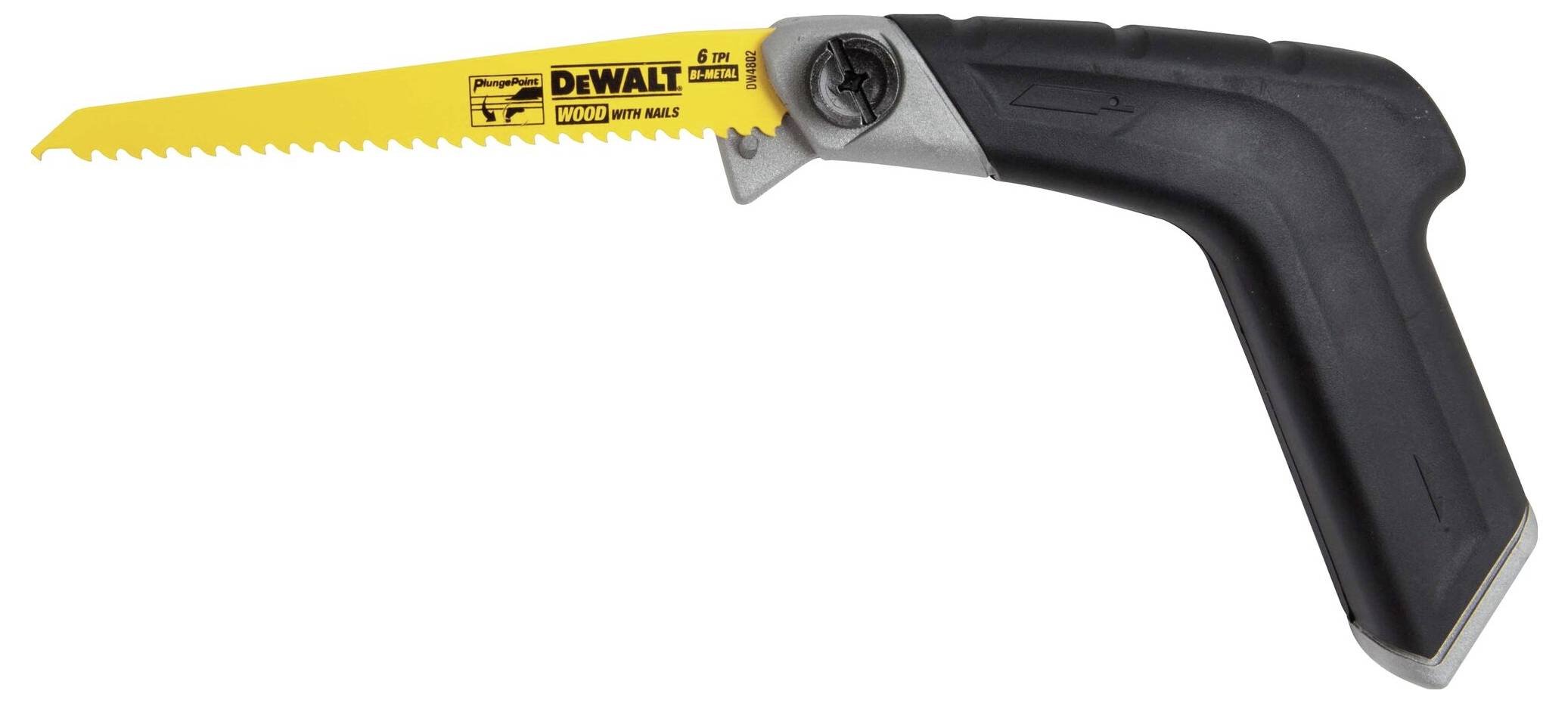 Handsaw with a yellow saw blade and black handle. 'DEWALT' marking on the saw blade. Suitable for woodworking.