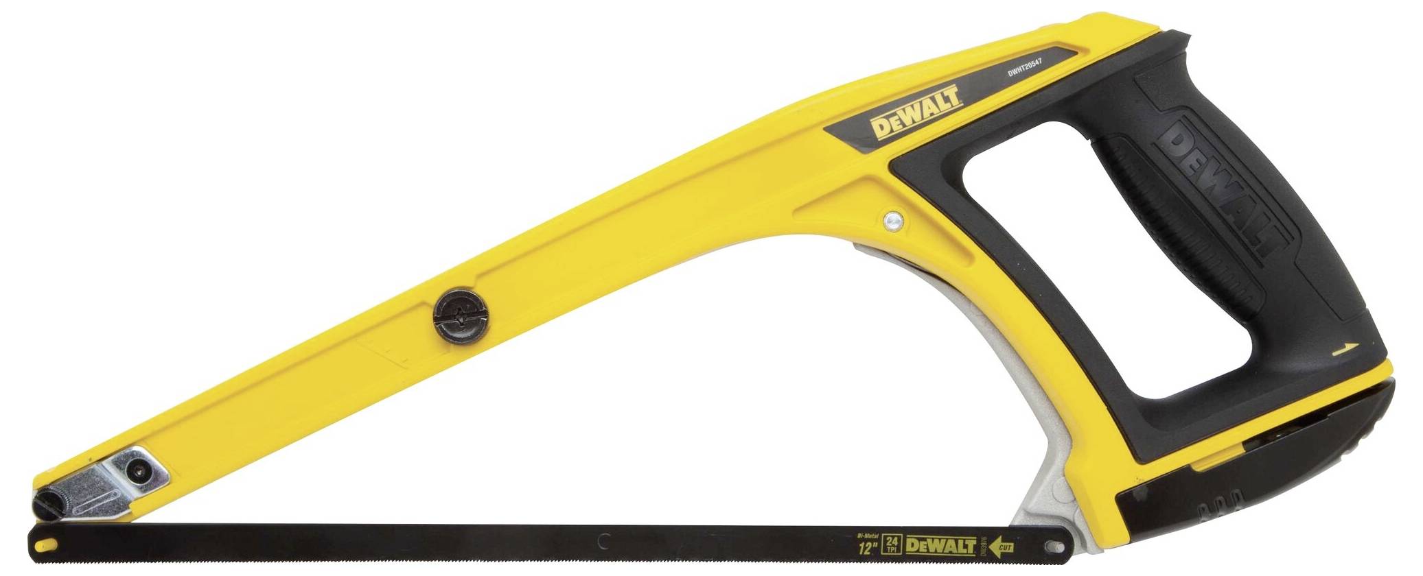 Yellow hacksaw with black handle and saw blade, marked with 'DEWALT'; suitable for cutting metal.
