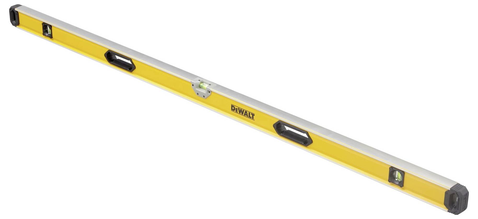 Yellow spirit level with two bubble vials, one in the centre and one on the side, against a white background.