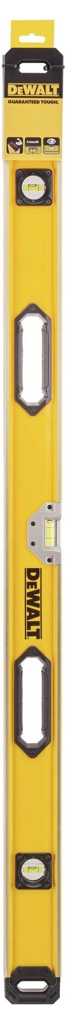 Spirit level made of yellow metal with three vials for levelling, black handle at top and bottom, brand name in black lettering.