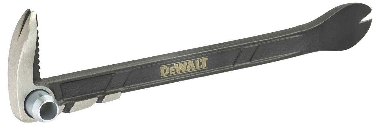 Angled crowbar with a ribbed handle and DEWALT logo, used for levering and removing nails.
