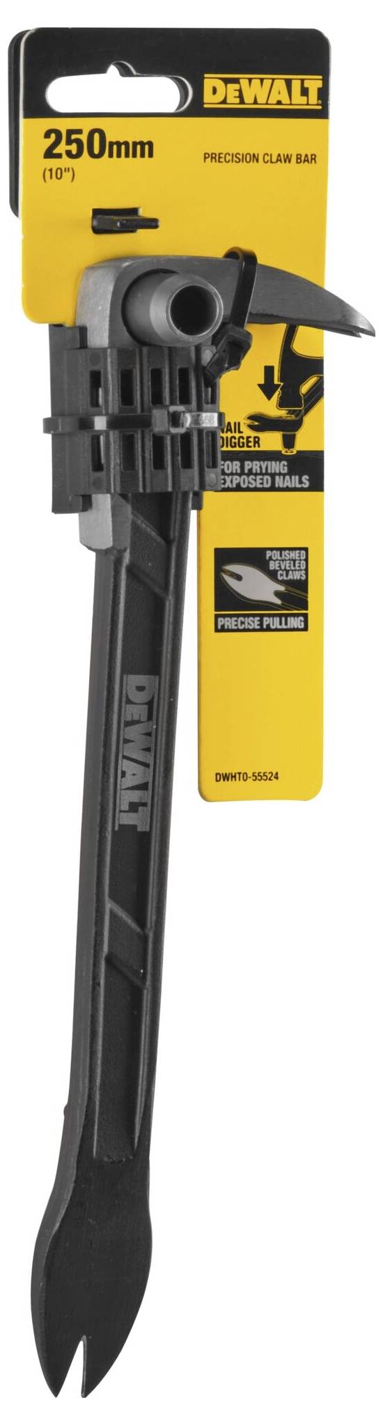 Black crowbar, 250 mm, by DEWALT on yellow packaging. Suitable for nail removal and precision work.<br><br>Black pry bar, 250 mm, by DEWALT in yellow packaging. Ideal for nail removal and precision tasks.