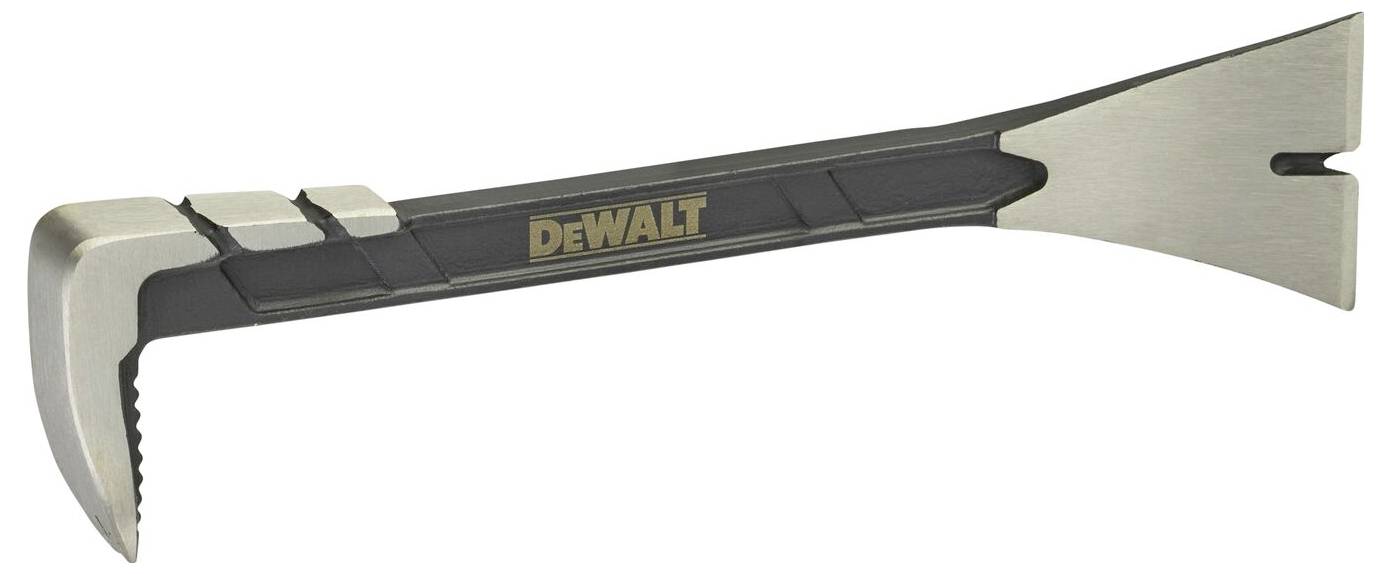 A black, metal crowbar with the 'DEWALT' brand name in the centre. It has a curved and a flat side, each with serrated edges.