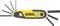 A yellow and black DeWalt multi-functional tool with several foldout Allen keys in different sizes.