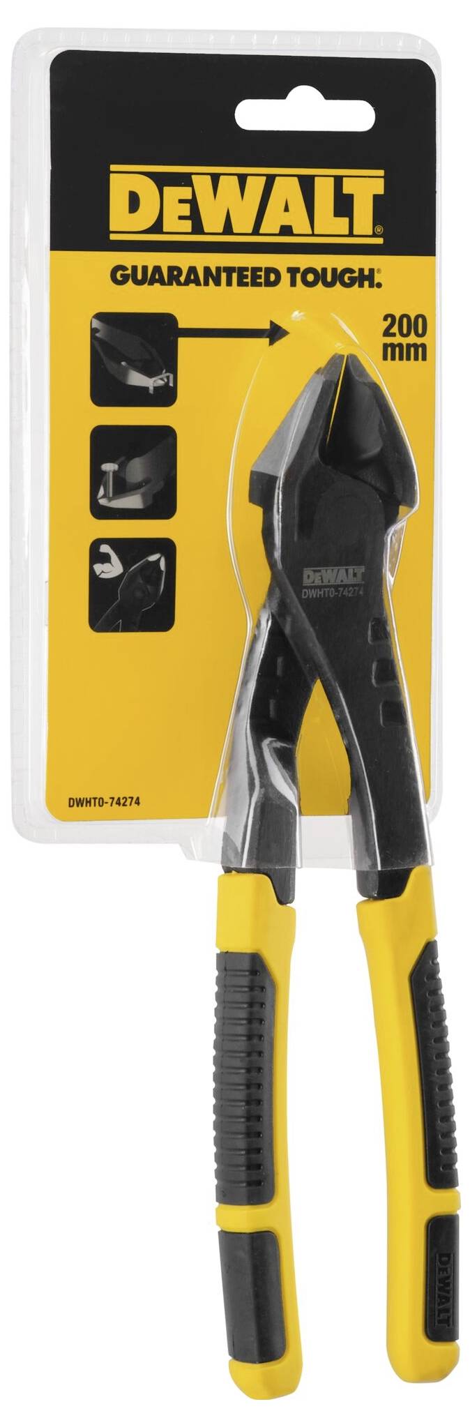 Pliers in packaging, DeWalt brand, yellow-black, 200 mm length, with symbols indicating functions.