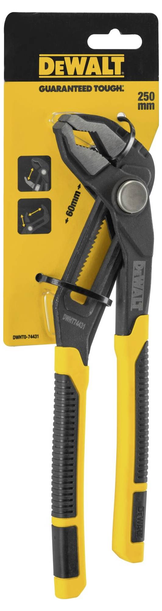 DeWalt water pump pliers, 250 mm, black and yellow, packaged on yellow cardboard with the inscription 'Guaranteed Tough'.