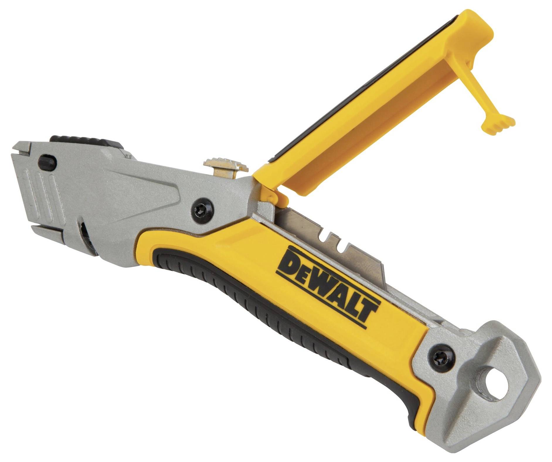 A yellow and grey universal knife with an open blade and a black handle. The 'DEWALT' brand is visible.