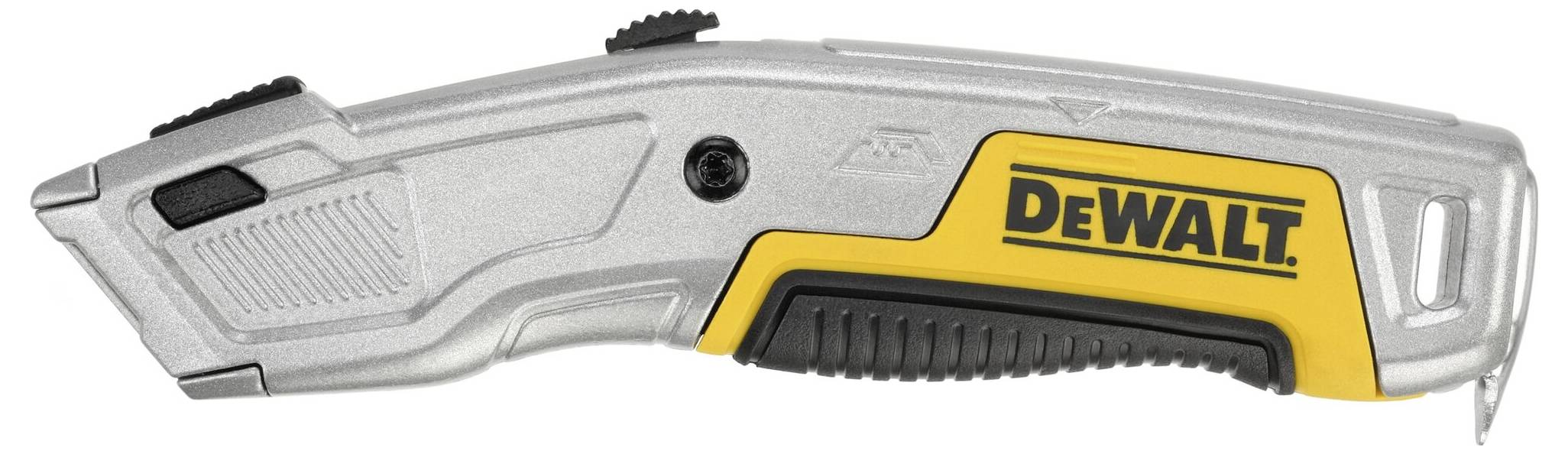 A silver-yellow folding knife with 'DEWALT' printed on the yellow side. The knife has an ergonomic handle.