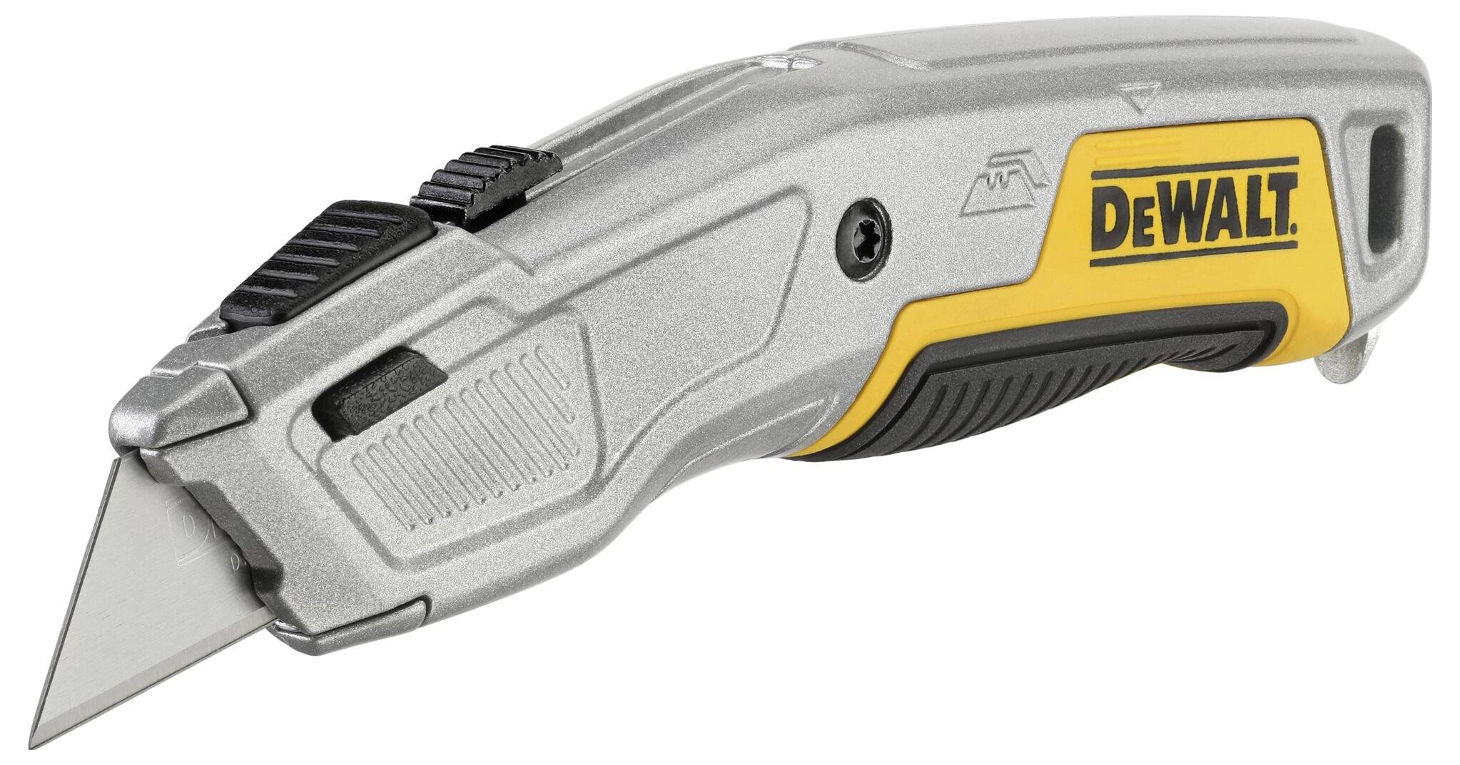 A silver multi-tool knife with a black handle and yellow DeWalt logo, suitable for various cutting tasks.