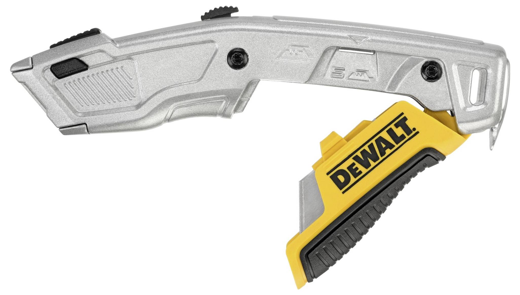Silver universal penknife with foldable yellow blade and black handle. 'DEWALT' brand logo on the side.
