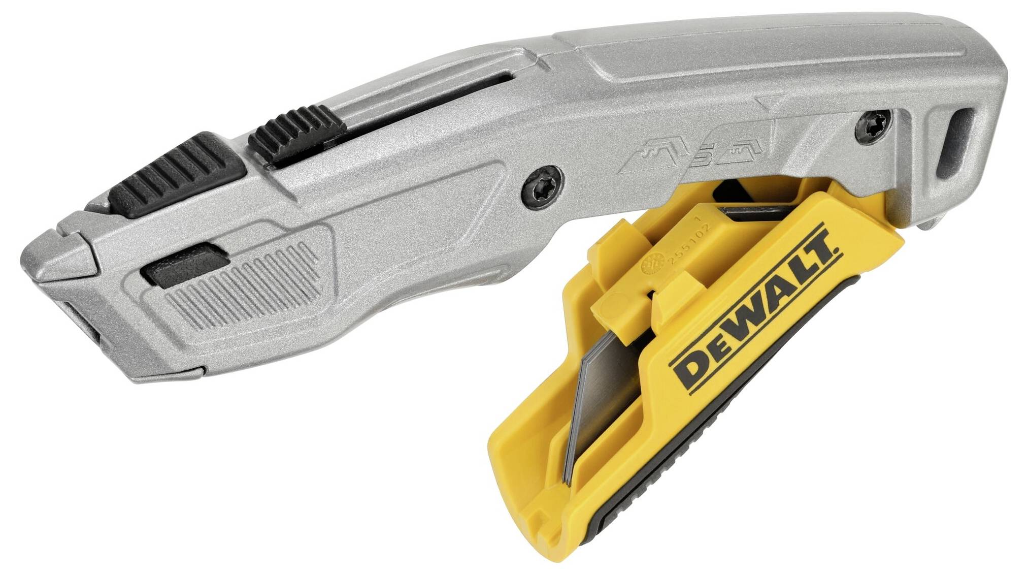 Metal safety knife with a yellow protective blade guard, branded with 'DEWALT'. Ideal for industrial applications.
