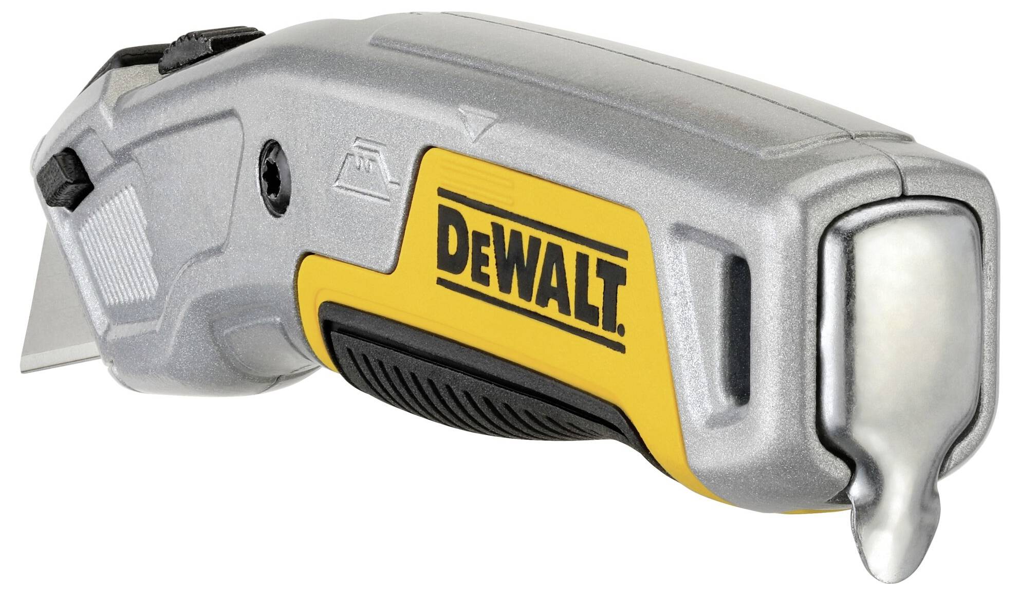 An electric universal knife in close-up view, with a silver-yellow casing bearing the 'DeWalt' logo, designed for precise cutting.